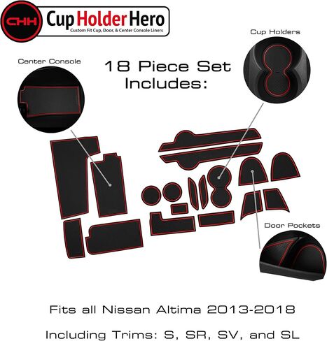 CupHolderHero fits Nissan Altima Accessories 2013-2018 Premium Custom Interior Non-Slip Anti Dust Cup Holder Inserts, Center Console Liner Mats, Door Pocket Liners 18pc Set (Red Trim) in Saudi Arabia