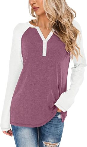 Syellowafter Women Henley Raglan Long Sleeve Color Block Tops Casual Loose Spring Fall Tunic Slouchy Shirts Dressy Blouse in Kuwait