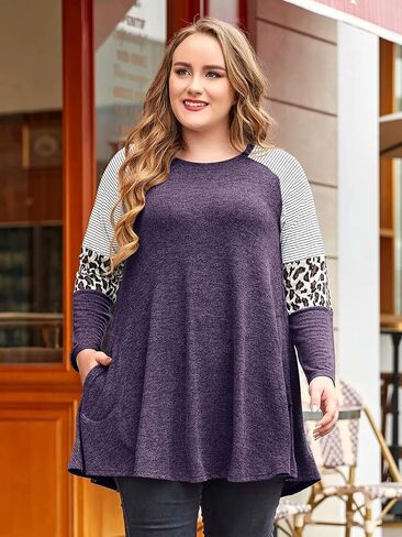 JollieLovin Plus Size Tunic Tops for Women Long Sleeve Crew Neck Swing Tunic Shirts with Pockets Loose Fit Color Block Blouse in Saudi Arabia