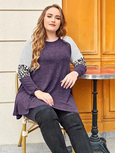 JollieLovin Plus Size Tunic Tops for Women Long Sleeve Crew Neck Swing Tunic Shirts with Pockets Loose Fit Color Block Blouse in Saudi Arabia