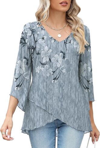 LOMON Women's 3/4 Sleeve V Neck Blouse Business Casual Mesh Tunic Tops Loose Fit Double Layered Shirts in Saudi Arabia