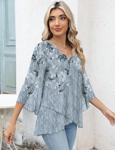 LOMON Women's 3/4 Sleeve V Neck Blouse Business Casual Mesh Tunic Tops Loose Fit Double Layered Shirts in Saudi Arabia
