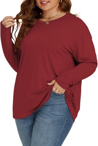ROSRISS بلوزات كبيرة الحجم للنساء العصرية قطرة الكتف البلوز قمصان عادية Crewneck كم طويل الستر XL-5XL in Kuwait