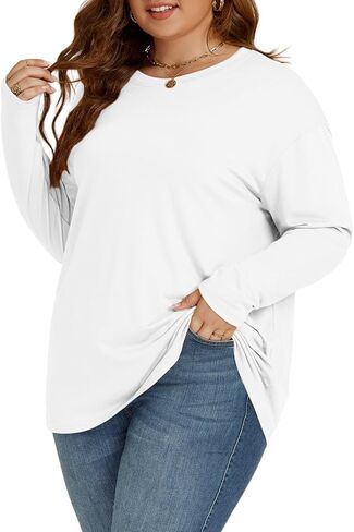 ROSRISS بلوزات كبيرة الحجم للنساء العصرية قطرة الكتف البلوز قمصان عادية Crewneck كم طويل الستر XL-5XL in Kuwait