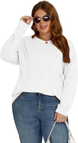 ROSRISS بلوزات كبيرة الحجم للنساء العصرية قطرة الكتف البلوز قمصان عادية Crewneck كم طويل الستر XL-5XL in Kuwait