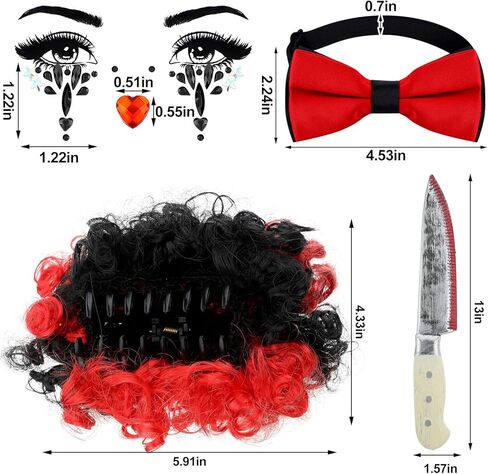 Suhine 13 Pcs Halloween Scary Poncho Clown Costume Accessories for Women Black Red Clown Poncho Costume Sets Clown Wig Tights Face Rhinestone Stickers and Tie for Bloody Halloween Cosplay in Kuwait