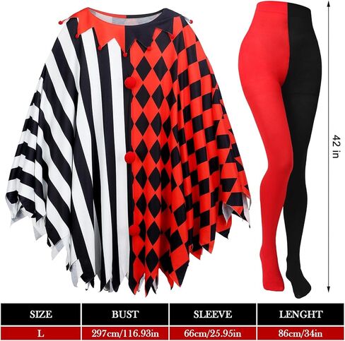 Suhine 13 Pcs Halloween Scary Poncho Clown Costume Accessories for Women Black Red Clown Poncho Costume Sets Clown Wig Tights Face Rhinestone Stickers and Tie for Bloody Halloween Cosplay in Kuwait