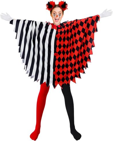 Suhine 13 Pcs Halloween Scary Poncho Clown Costume Accessories for Women Black Red Clown Poncho Costume Sets Clown Wig Tights Face Rhinestone Stickers and Tie for Bloody Halloween Cosplay in Kuwait