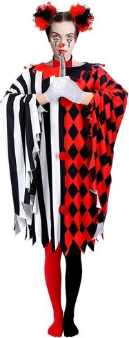 Suhine 13 Pcs Halloween Scary Poncho Clown Costume Accessories for Women Black Red Clown Poncho Costume Sets Clown Wig Tights Face Rhinestone Stickers and Tie for Bloody Halloween Cosplay in Kuwait