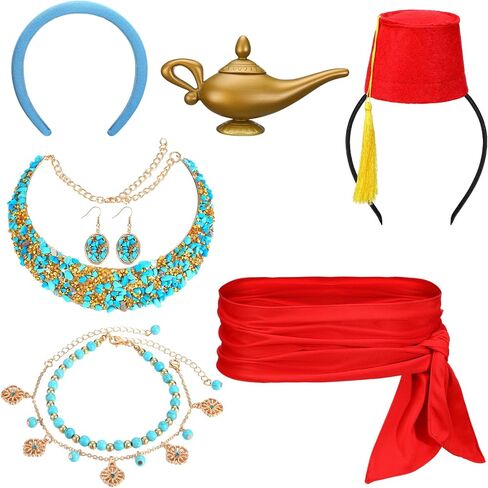 مجموعة إكسسوارات تنكرية للأميرة العربية للهالوين من 7 قطع تتضمن قلادة زرقاء وسوار وحلق ووشاح خصر أحمر وعصابة رأس ومصباح سحري ذهبي لزي الهالوين ومستلزمات الحفلات التنكرية in Kuwait