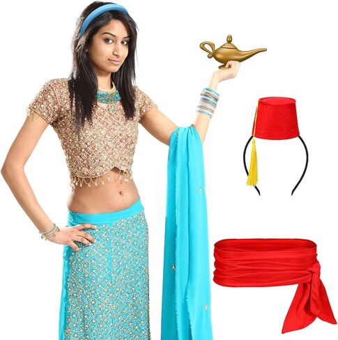 مجموعة إكسسوارات تنكرية للأميرة العربية للهالوين من 7 قطع تتضمن قلادة زرقاء وسوار وحلق ووشاح خصر أحمر وعصابة رأس ومصباح سحري ذهبي لزي الهالوين ومستلزمات الحفلات التنكرية in Kuwait