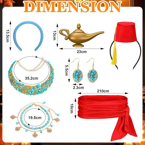 مجموعة إكسسوارات تنكرية للأميرة العربية للهالوين من 7 قطع تتضمن قلادة زرقاء وسوار وحلق ووشاح خصر أحمر وعصابة رأس ومصباح سحري ذهبي لزي الهالوين ومستلزمات الحفلات التنكرية in Kuwait