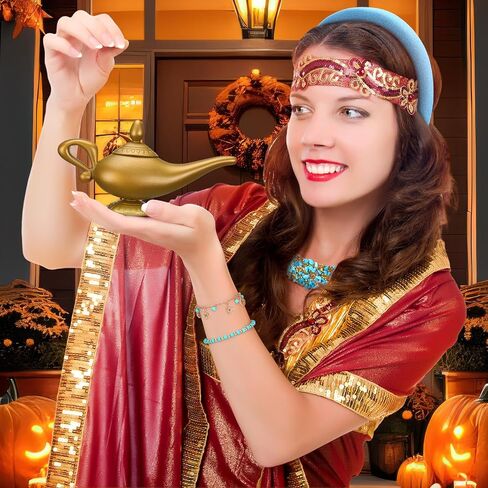 مجموعة إكسسوارات تنكرية للأميرة العربية للهالوين من 7 قطع تتضمن قلادة زرقاء وسوار وحلق ووشاح خصر أحمر وعصابة رأس ومصباح سحري ذهبي لزي الهالوين ومستلزمات الحفلات التنكرية in Kuwait