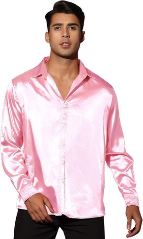 Lars Amadeus Men's Dress Satin V Neck Long Sleeves Button Down Slim Fit Prom Party Shirts in Kuwait