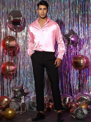 Lars Amadeus Men's Dress Satin V Neck Long Sleeves Button Down Slim Fit Prom Party Shirts in Kuwait
