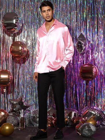 Lars Amadeus Men's Dress Satin V Neck Long Sleeves Button Down Slim Fit Prom Party Shirts in Kuwait