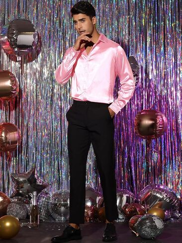 Lars Amadeus Men's Dress Satin V Neck Long Sleeves Button Down Slim Fit Prom Party Shirts in Kuwait