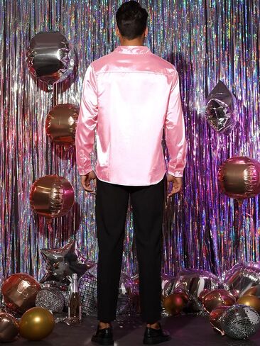 Lars Amadeus Men's Dress Satin V Neck Long Sleeves Button Down Slim Fit Prom Party Shirts in Kuwait