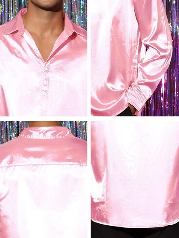 Lars Amadeus Men's Dress Satin V Neck Long Sleeves Button Down Slim Fit Prom Party Shirts in Kuwait