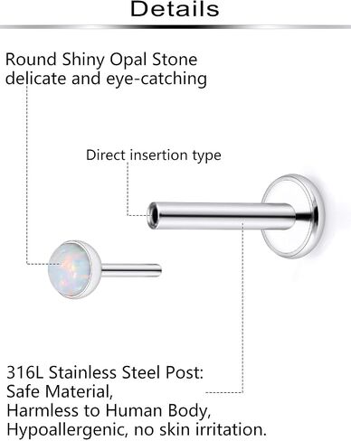 Ftovosyo 20G 18G Threadless Push in Nose Rings Studs Surgical Steel Pushin Nose Stud 2mm 2.5mm 3mm Round Opal Nose Piercing Jewelry for Women Men in Kuwait