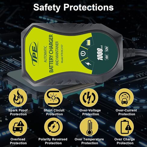 1A Fully-Automatic Smart Charger, 6V and 12V Portable Automotive Car Battery Charger Car Motorcycle ATV SUV Lawn Mower Lead Acid Battery Charger Maintenance Battery with Reverse Connection Protection in Kuwait