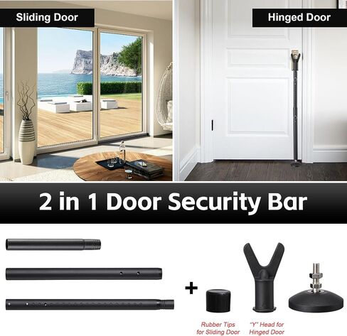 2-in-1 Door Stoppers & Sliding Door Security Bar, Adjustable Door Jammer Security Devices with Interchangeable Caps & Rubber Tips, Suitable for Bedroom, Hotel Rooms and Apartment, Black 2 Pack in Kuwait