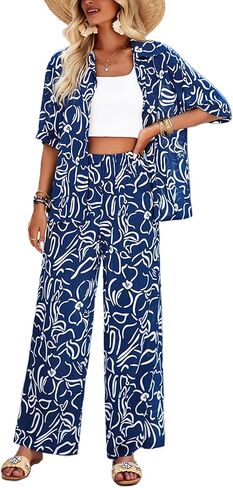 Peaceglad Womens Summer Print 2 Piece Pajama Sets Short Sleeve Button Down Outfit Long Pants Sleepwear Set in Saudi Arabia