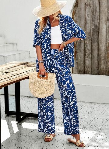 Peaceglad Womens Summer Print 2 Piece Pajama Sets Short Sleeve Button Down Outfit Long Pants Sleepwear Set in Saudi Arabia