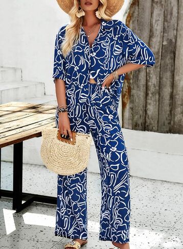 Peaceglad Womens Summer Print 2 Piece Pajama Sets Short Sleeve Button Down Outfit Long Pants Sleepwear Set in Saudi Arabia