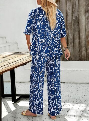 Peaceglad Womens Summer Print 2 Piece Pajama Sets Short Sleeve Button Down Outfit Long Pants Sleepwear Set in Saudi Arabia