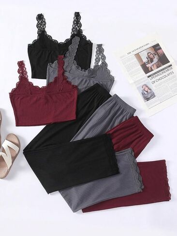 SOLY HUX Women's Pajama Set Lounge Sets 3 Pack PJs Lace Crop Tank Tops and Long Pants Sleepwear in Saudi Arabia