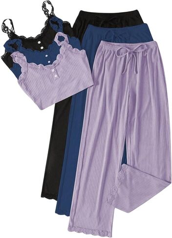 SOLY HUX Women's Pajama Set Lounge Sets 3 Pack PJs Lace Crop Tank Tops and Long Pants Sleepwear in Saudi Arabia