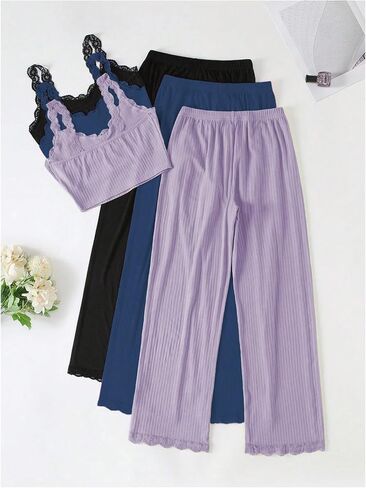 SOLY HUX Women's Pajama Set Lounge Sets 3 Pack PJs Lace Crop Tank Tops and Long Pants Sleepwear in Saudi Arabia