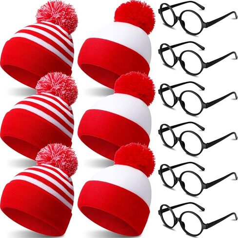 Leyndo 12 Pcs Red White Knit Beanies Hat and No Lens Glasses Frames Costume Accessory Set for Adult Halloween Christmas Party in Saudi Arabia