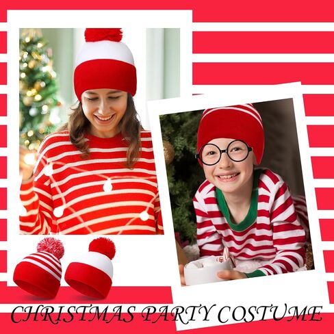 Leyndo 12 Pcs Red White Knit Beanies Hat and No Lens Glasses Frames Costume Accessory Set for Adult Halloween Christmas Party in Saudi Arabia