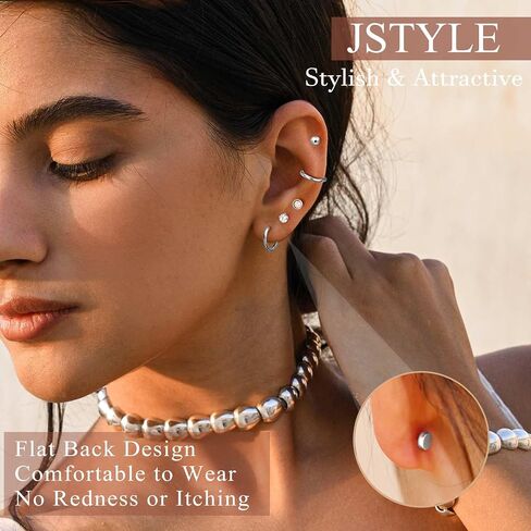 أقراط Jstyle مضادة للحساسية بظهر مسطح للنساء والرجال أقراط جراحية من الفولاذ المقاوم للصدأ للأذنين الحساسة، أقراط صغيرة من الفضة والذهب والأسود مجموعة أقراط الغضروف لثقب متعدد in Kuwait