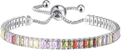 HSQYJ Rainbow Cubic Zirconia Bracelet Adjustable Tennis Bracelets for Women Teen Girls 14K Rose Gold/Silver Plated Hypoallergenic Slider Bracelet Fashion Jewelry Gift in Saudi Arabia