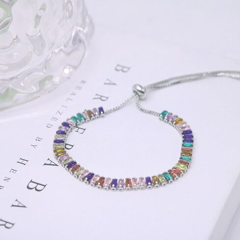 HSQYJ Rainbow Cubic Zirconia Bracelet Adjustable Tennis Bracelets for Women Teen Girls 14K Rose Gold/Silver Plated Hypoallergenic Slider Bracelet Fashion Jewelry Gift in Saudi Arabia
