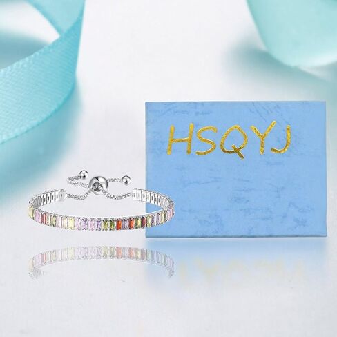 HSQYJ Rainbow Cubic Zirconia Bracelet Adjustable Tennis Bracelets for Women Teen Girls 14K Rose Gold/Silver Plated Hypoallergenic Slider Bracelet Fashion Jewelry Gift in Saudi Arabia