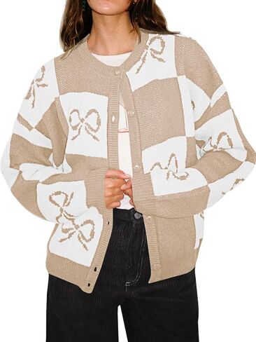 Saodimallsu Womens Checkered Sweater Bow Color Block Plaid Cardigan Long Sleeve Button Open Front Knit Coat in Saudi Arabia