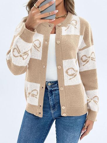 Saodimallsu Womens Checkered Sweater Bow Color Block Plaid Cardigan Long Sleeve Button Open Front Knit Coat in Saudi Arabia
