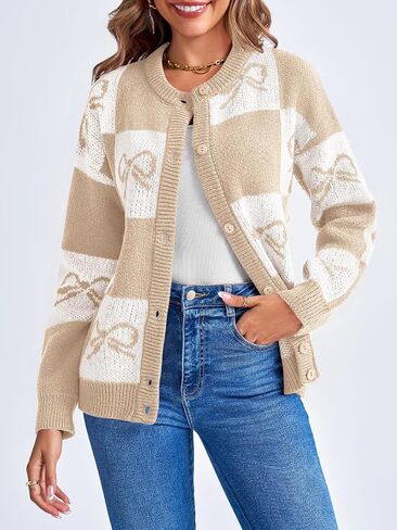 Saodimallsu Womens Checkered Sweater Bow Color Block Plaid Cardigan Long Sleeve Button Open Front Knit Coat in Saudi Arabia