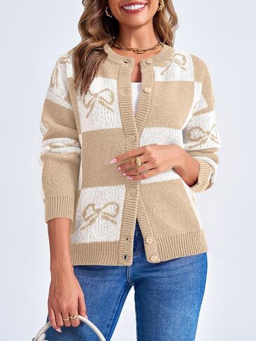Saodimallsu Womens Checkered Sweater Bow Color Block Plaid Cardigan Long Sleeve Button Open Front Knit Coat in Saudi Arabia