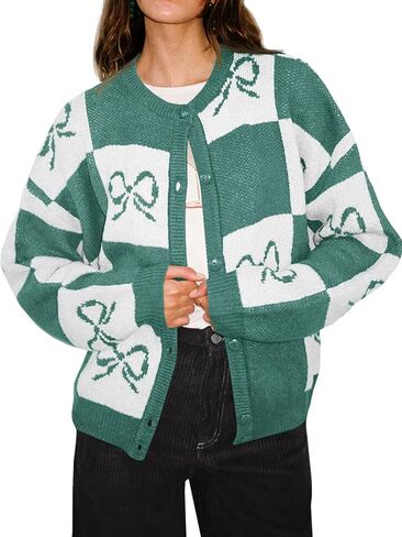 Saodimallsu Womens Checkered Sweater Bow Color Block Plaid Cardigan Long Sleeve Button Open Front Knit Coat in Saudi Arabia