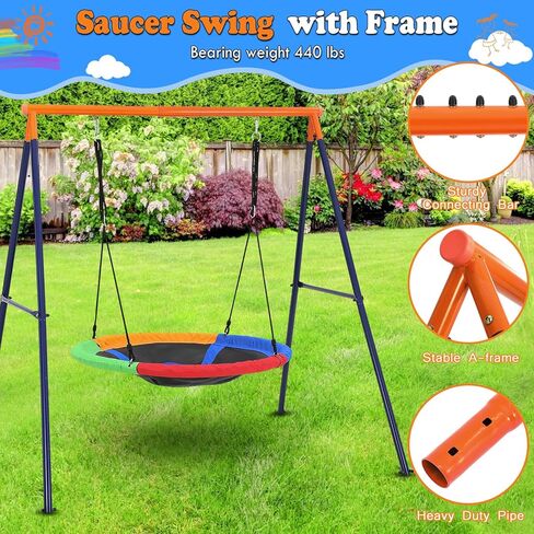 32 Inch Saucer Swing with Frame for Kids Outdoor, 440lbs Saucer Swing Set with Heavy-Duty Metal A-Frame and Adjustable Ropes, Round Swing Sets for Backyard, Playground and Park, 1 Seat (Rainbow 2) in Kuwait
