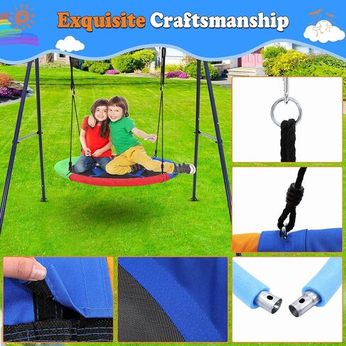 32 Inch Saucer Swing with Frame for Kids Outdoor, 440lbs Saucer Swing Set with Heavy-Duty Metal A-Frame and Adjustable Ropes, Round Swing Sets for Backyard, Playground and Park, 1 Seat (Rainbow 2) in Kuwait