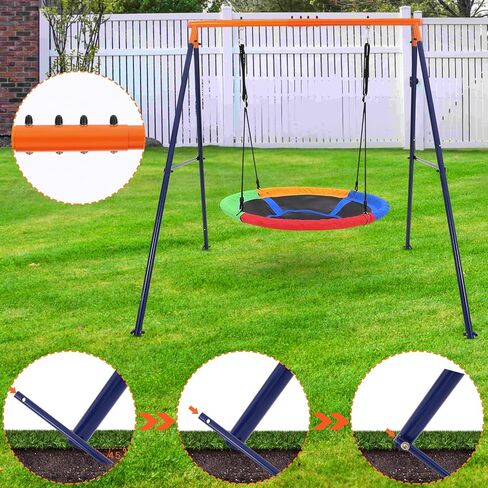 32 Inch Saucer Swing with Frame for Kids Outdoor, 440lbs Saucer Swing Set with Heavy-Duty Metal A-Frame and Adjustable Ropes, Round Swing Sets for Backyard, Playground and Park, 1 Seat (Rainbow 2) in Kuwait