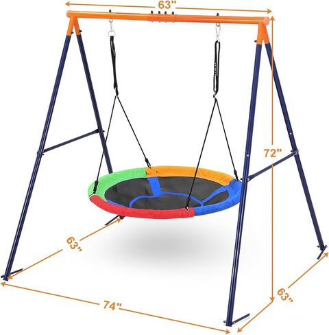 32 Inch Saucer Swing with Frame for Kids Outdoor, 440lbs Saucer Swing Set with Heavy-Duty Metal A-Frame and Adjustable Ropes, Round Swing Sets for Backyard, Playground and Park, 1 Seat (Rainbow 2) in Kuwait