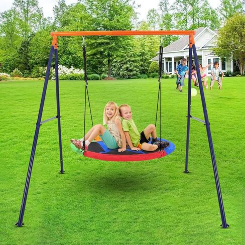 32 Inch Saucer Swing with Frame for Kids Outdoor, 440lbs Saucer Swing Set with Heavy-Duty Metal A-Frame and Adjustable Ropes, Round Swing Sets for Backyard, Playground and Park, 1 Seat (Rainbow 2) in Kuwait