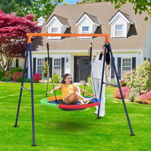 32 Inch Saucer Swing with Frame for Kids Outdoor, 440lbs Saucer Swing Set with Heavy-Duty Metal A-Frame and Adjustable Ropes, Round Swing Sets for Backyard, Playground and Park, 1 Seat (Rainbow 2) in Kuwait